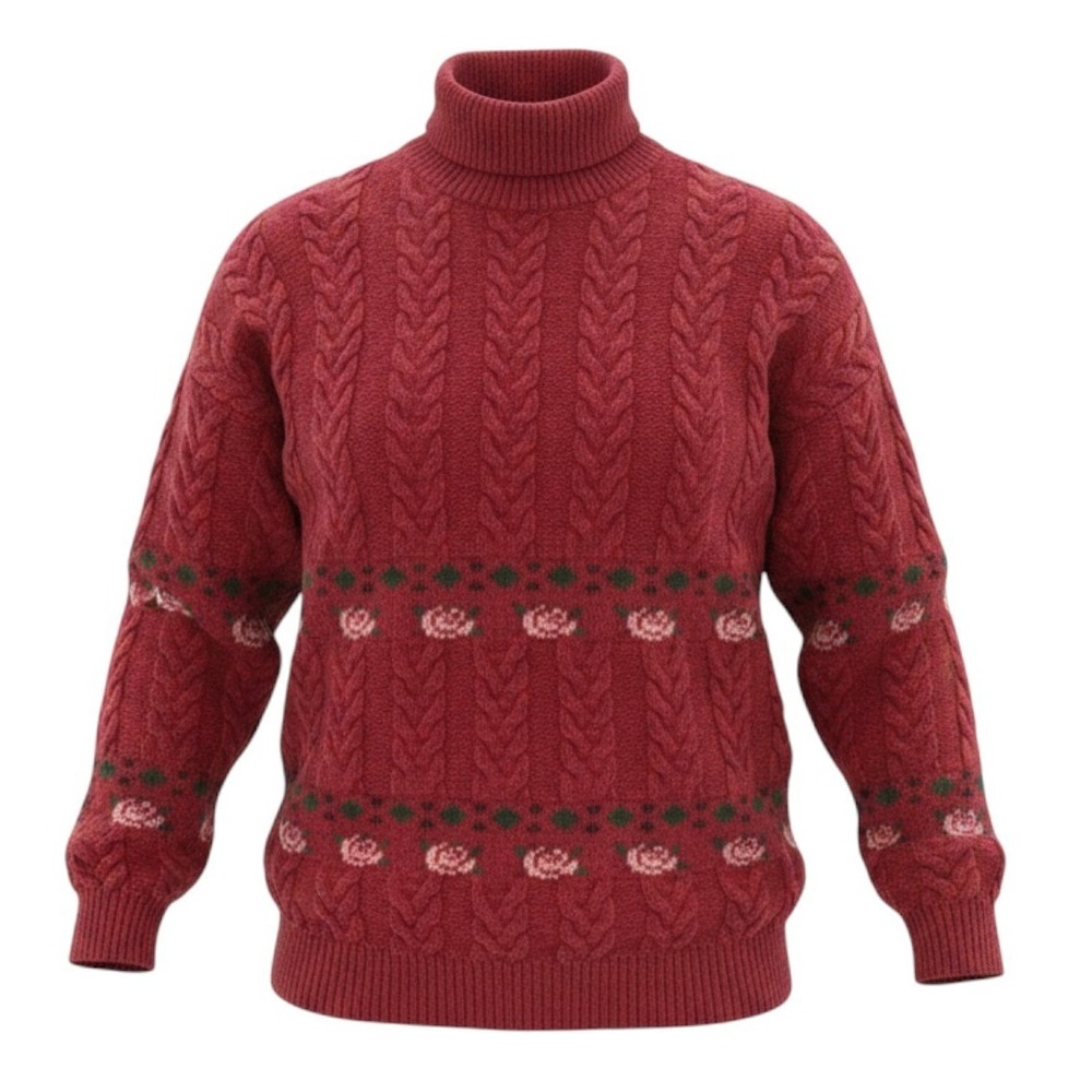 United Colors of Benetton Cable Knit Turtleneck Rose Wool Red Vintage L